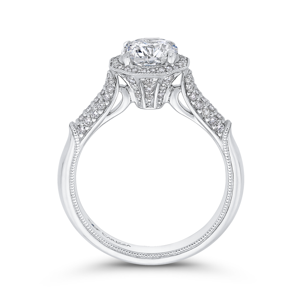 Round Halo Diamond Vintage Engagement Ring in 14K White Gold (Semi-Mount)