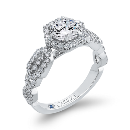 Round Diamond Hexagon Shape Halo Engagement Ring in 14K White Gold (Semi-Mount)