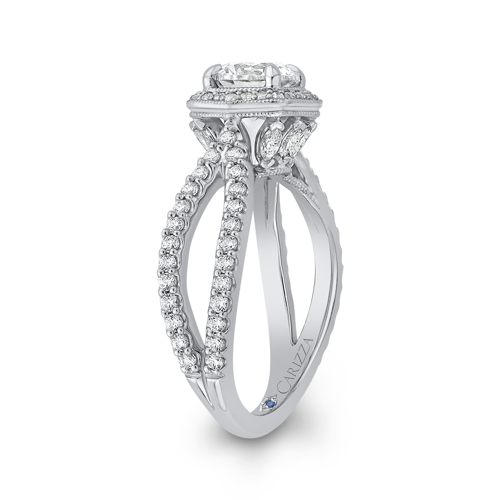 Split Shank Round Diamond Halo Engagement Ring in 14K White Gold (Semi-Mount)