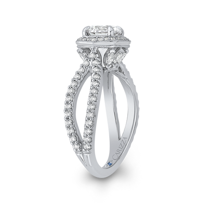 Split Shank Round Diamond Halo Engagement Ring in 14K White Gold (Semi-Mount)