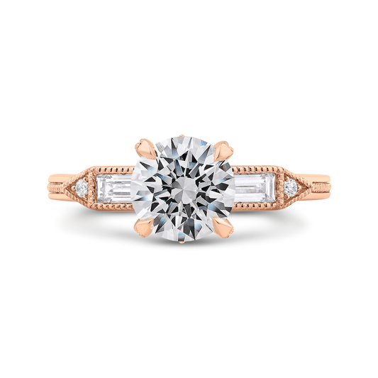 Round and Baguette Cut Diamond Engagement Ring in 14K Rose Gold (Semi-Mount)