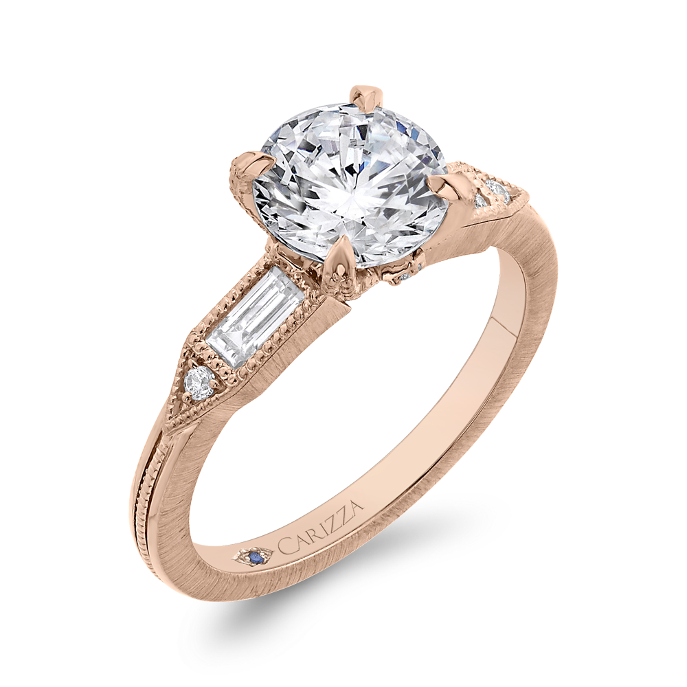 Round and Baguette Cut Diamond Engagement Ring in 14K Rose Gold (Semi-Mount)