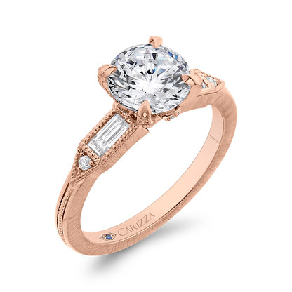 Round and Baguette Cut Diamond Engagement Ring in 14K Rose Gold (Semi-Mount)