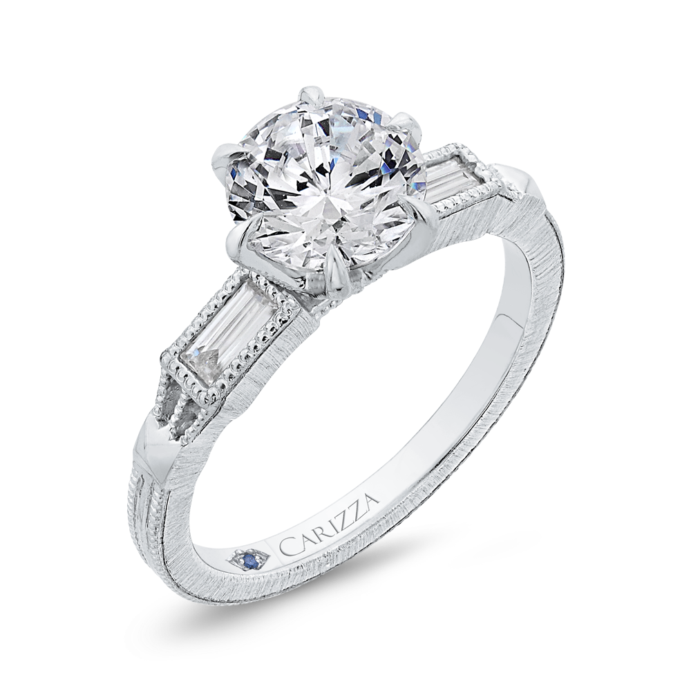 Round and Baguette Cut Diamond Engagement Ring in 14K White Gold (Semi-Mount)