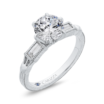 Round and Baguette Cut Diamond Engagement Ring in 14K White Gold (Semi-Mount)