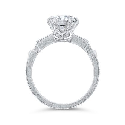 Round and Baguette Cut Diamond Engagement Ring in 14K White Gold (Semi-Mount)