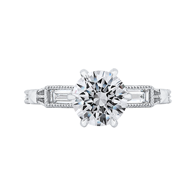 Round and Baguette Cut Diamond Engagement Ring in 14K White Gold (Semi-Mount)