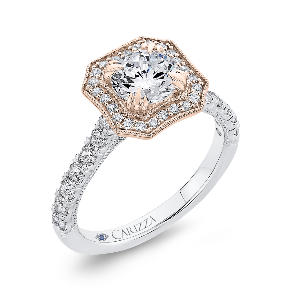 Round Diamond Halo Engagement Ring in 14K Two Tone Gold (Semi-Mount)