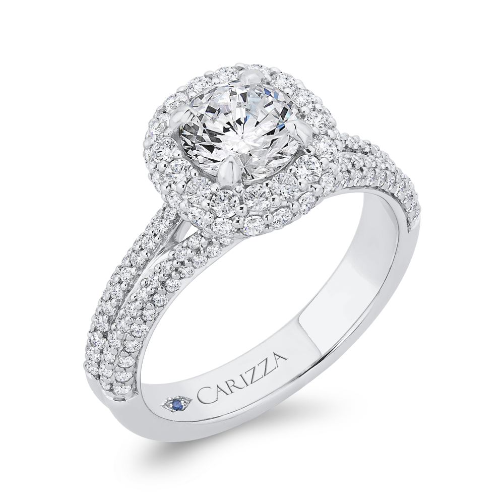 Split Shank Round Diamond Double Halo Engagement Ring in 14K White Gold (Semi-Mount)