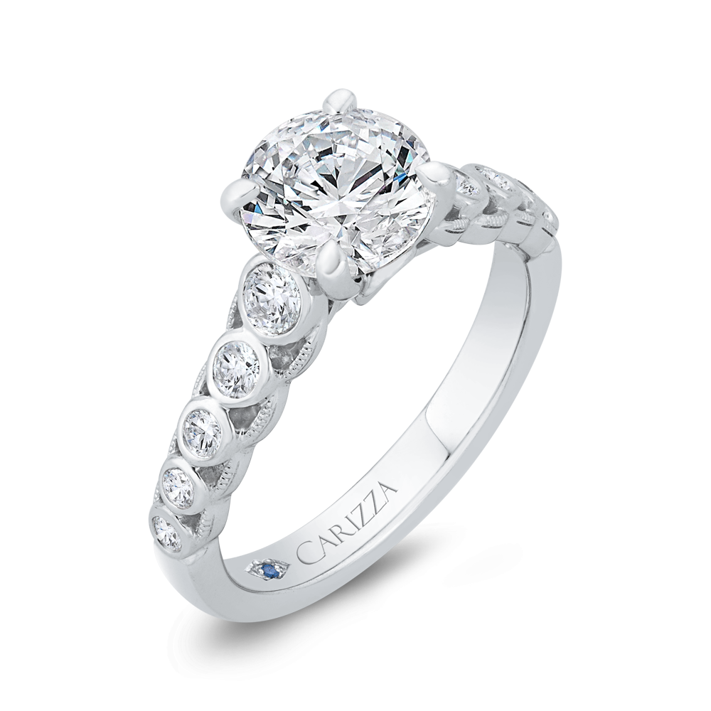 Bezel Set Round Diamond Engagement Ring with Milgrain 14K White Gold (Semi-Mount)