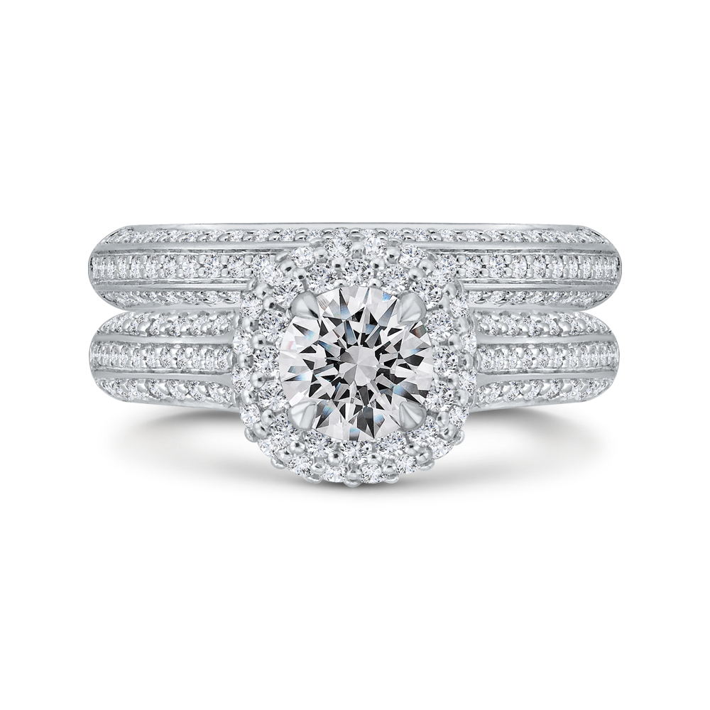 Three Row Round Diamond Double Halo Engagement Ring in 14K White Gold (Semi-Mount)