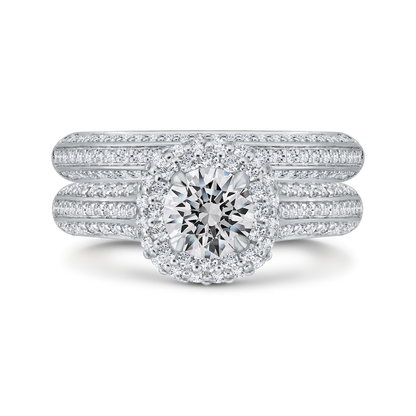 Three Row Round Diamond Double Halo Engagement Ring in 14K White Gold (Semi-Mount)