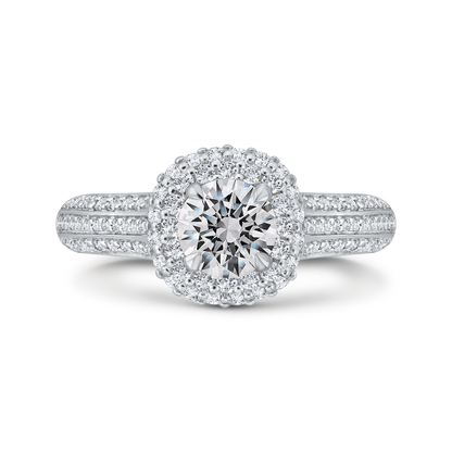 Three Row Round Diamond Double Halo Engagement Ring in 14K White Gold (Semi-Mount)