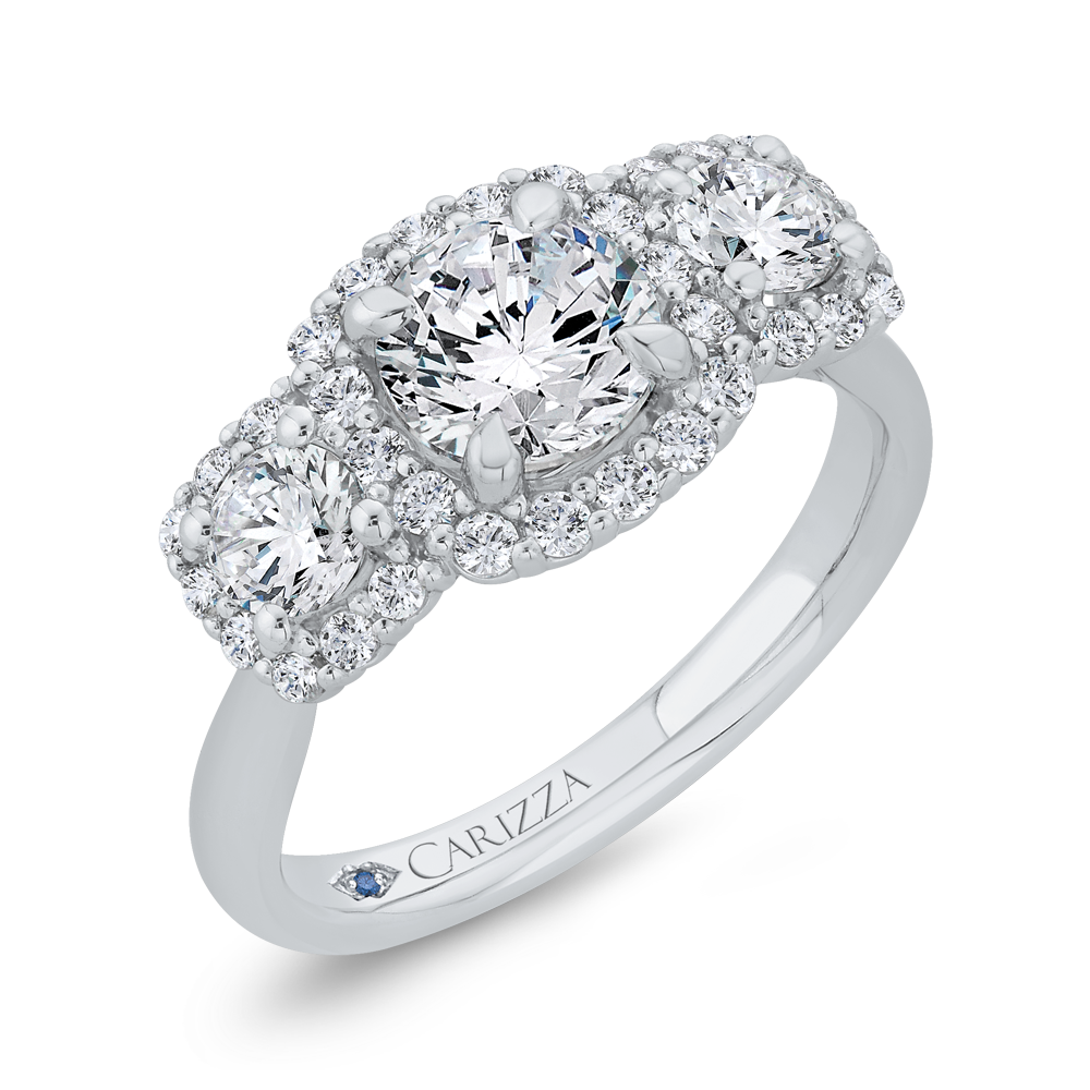 Diamond Three-Stone Halo Engagement Ring in 14K White Gold (Semi-Mount)