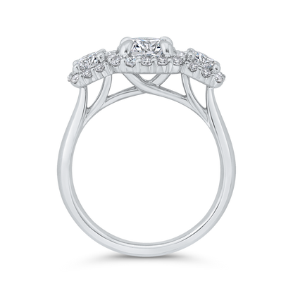 Diamond Three-Stone Halo Engagement Ring in 14K White Gold (Semi-Mount)