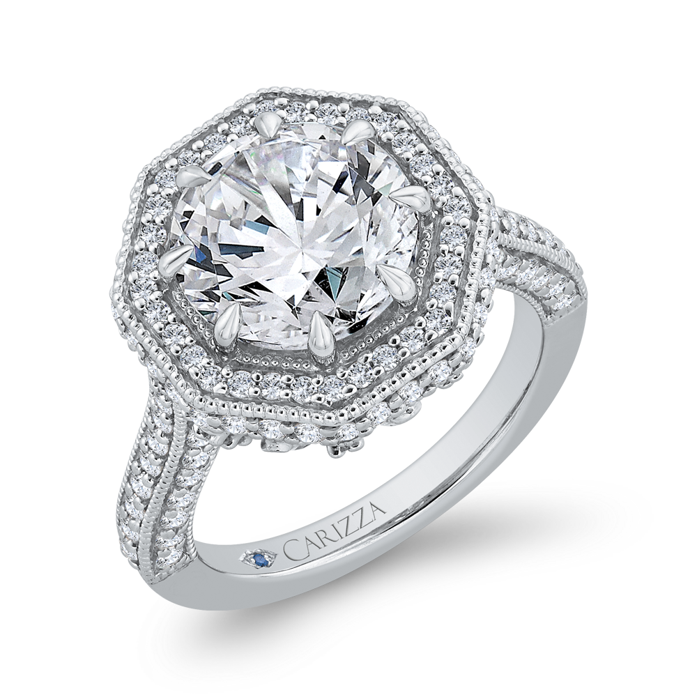 14K White Gold Round Cut Diamond Halo Engagement Ring (Semi-Mount)