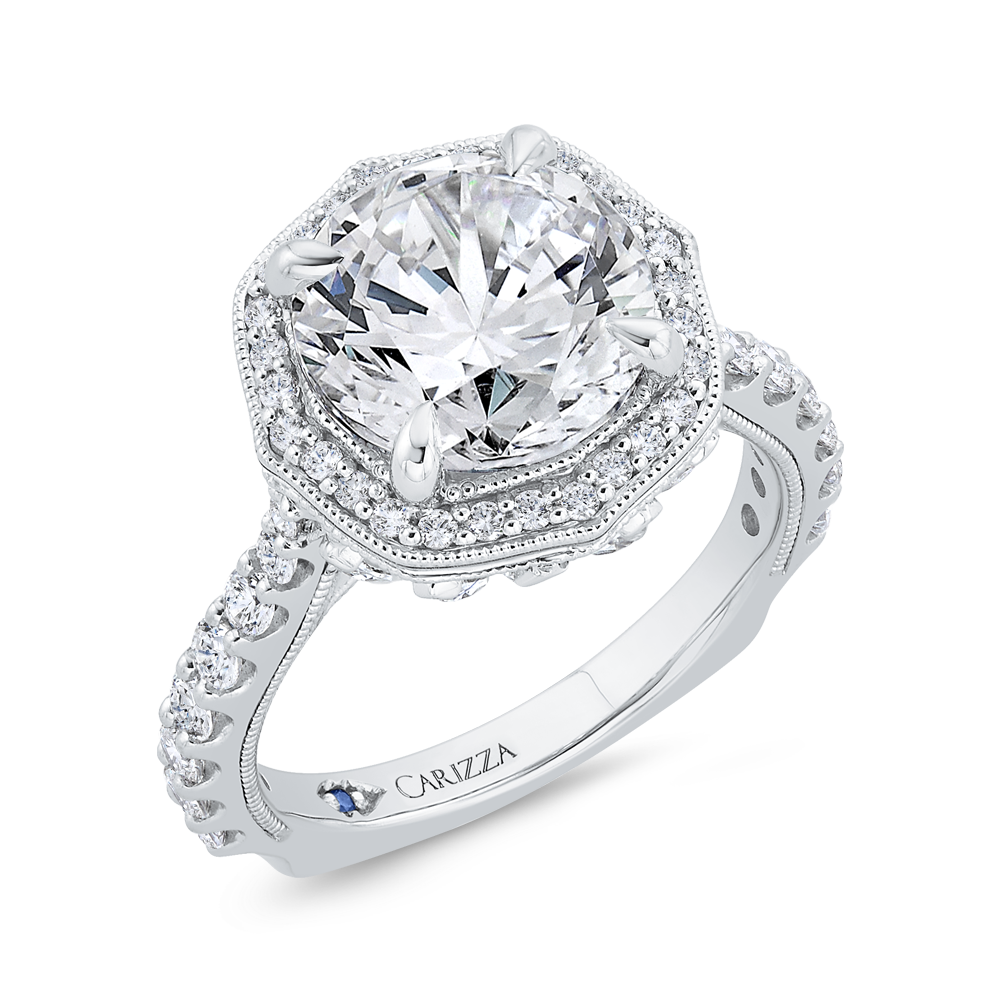 14K White Gold Round Cut Diamond Halo Engagement Ring with Euro Shank (Semi-Mount)
