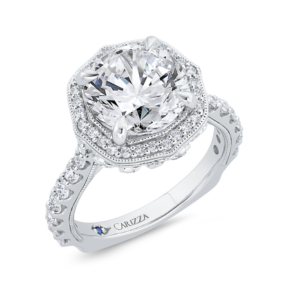 14K White Gold Round Cut Diamond Halo Engagement Ring with Euro Shank (Semi-Mount)