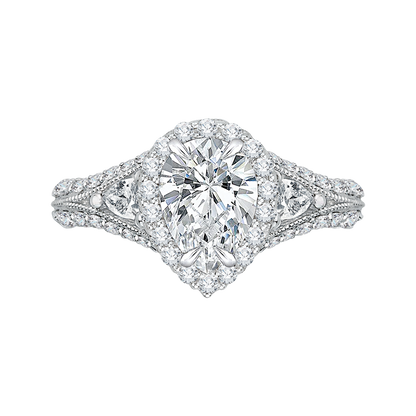 Pear Shape Split Shank Diamond Halo Engagement Ring In 14K White Gold (Semi-Mount)