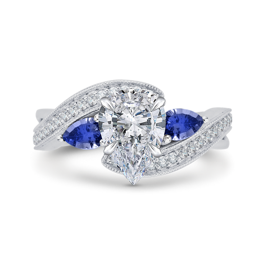 Pear Cut Diamond Engagement Ring with Sapphire in 14K White Gold (Semi-Mount)