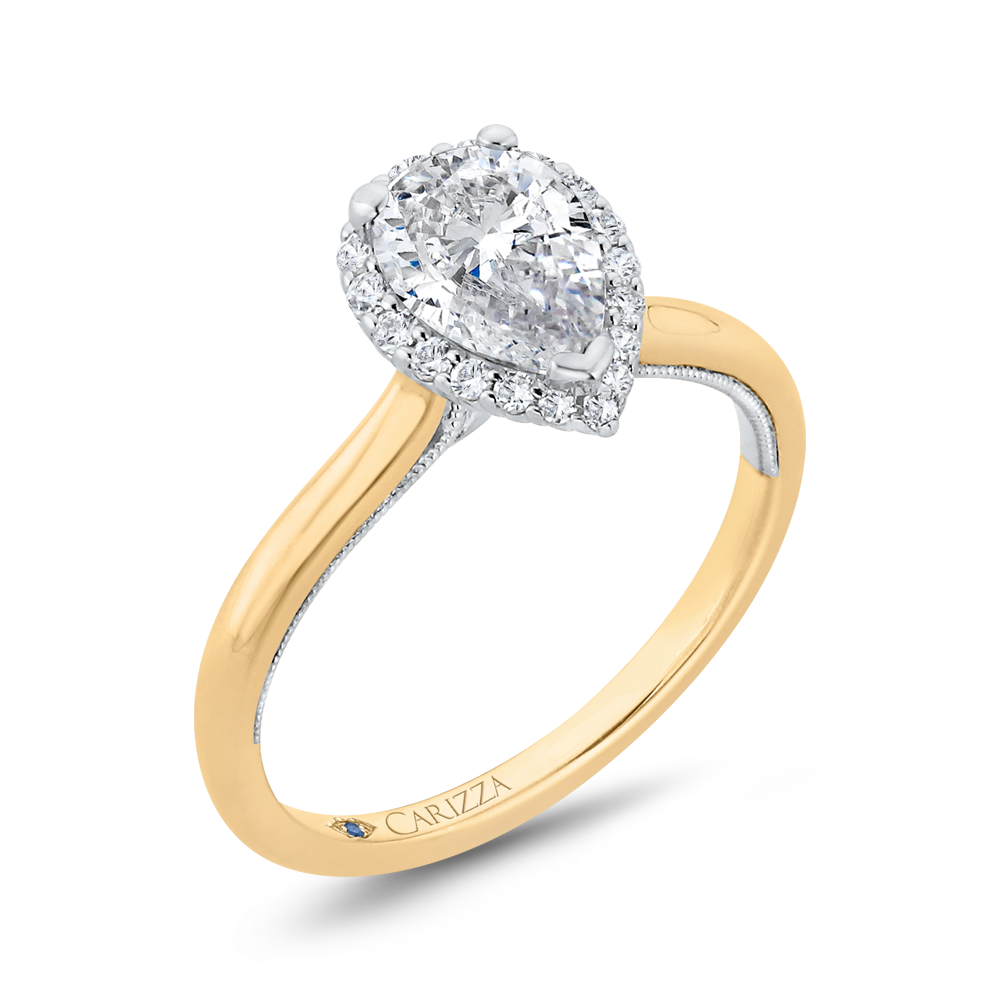 Pear Cut Diamond Halo Engagement Ring in 14K Two Tone Gold (Semi-Mount)