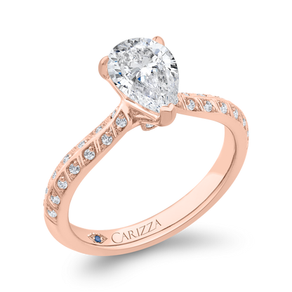 Pear Cut Diamond Double Row Engagement Ring with Round Shank in 14K Rose Gold (Semi-Mount)