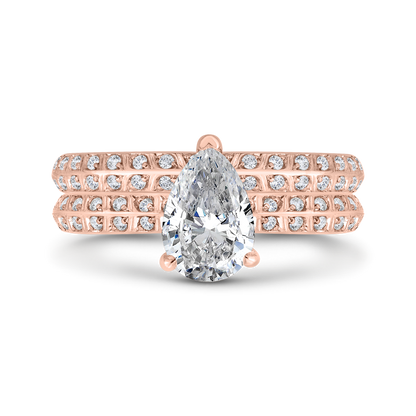 Pear Cut Diamond Double Row Engagement Ring with Round Shank in 14K Rose Gold (Semi-Mount)