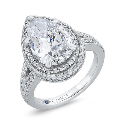 Pear Diamond Halo Engagement Ring In 14K White Gold with Split Shank (Semi-Mount)