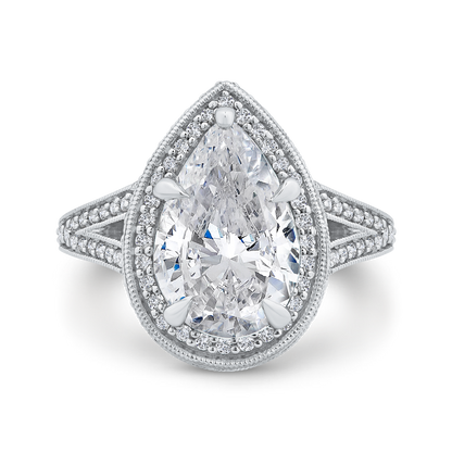 Pear Diamond Halo Engagement Ring In 14K White Gold with Split Shank (Semi-Mount)