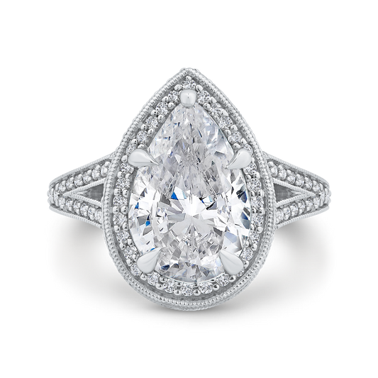 Pear Diamond Halo Engagement Ring In 14K White Gold with Split Shank (Semi-Mount)