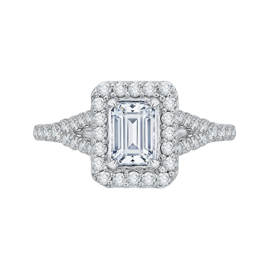 Split Shank Emerald Cut Diamond Halo Engagement Ring in 14K White Gold (Semi-Mount)