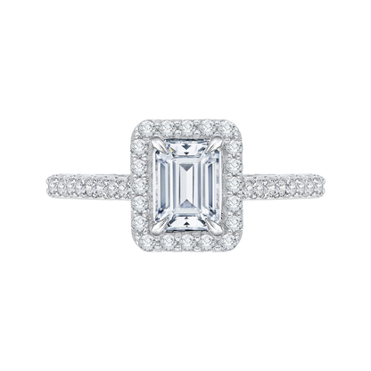 Emerald Cut Diamond Halo Engagement Ring with Band In 14K White Gold (Semi-Mount)