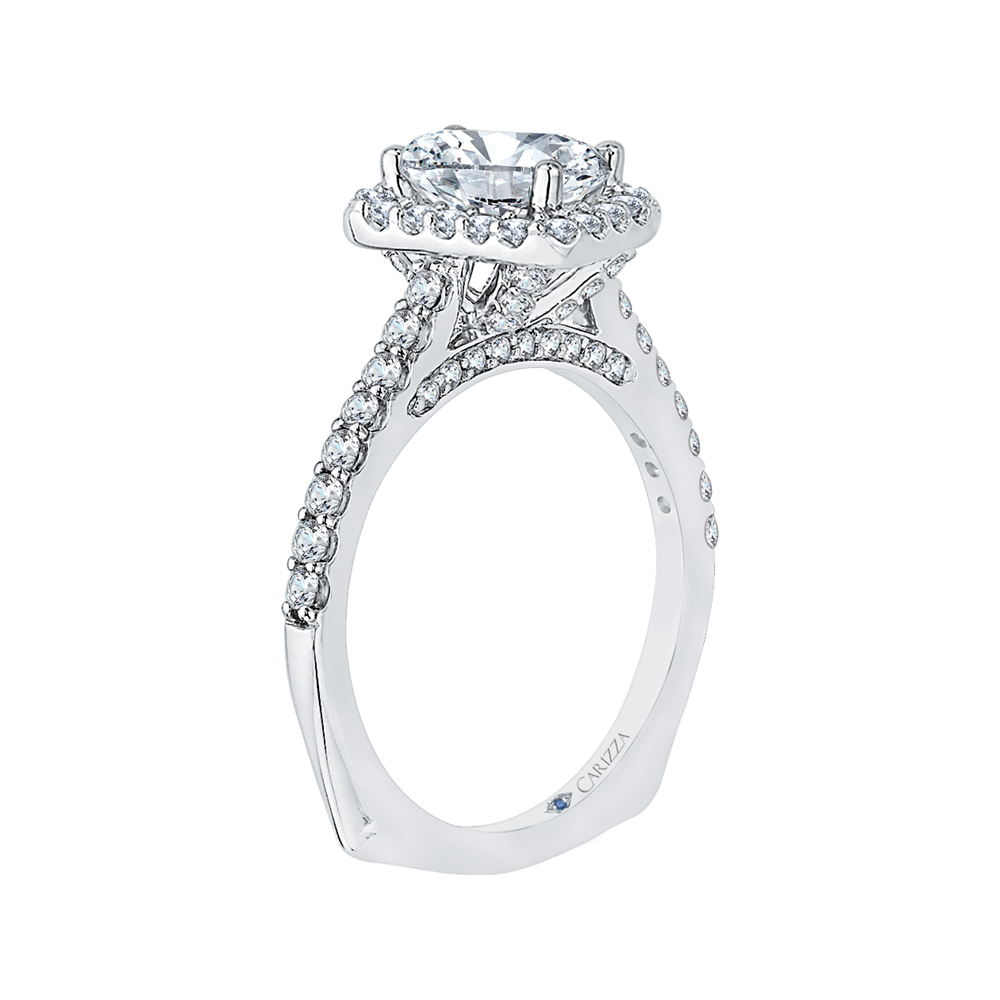 Emerald Cut Diamond Halo Engagement Ring with Band In 14K White Gold (Semi-Mount)