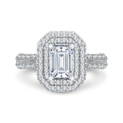 Emerald Cut Split Shank Diamond Double Halo Engagement Ring in 14K White Gold (Semi-Mount)