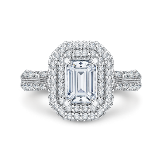 Emerald Cut Split Shank Diamond Double Halo Engagement Ring in 14K White Gold (Semi-Mount)