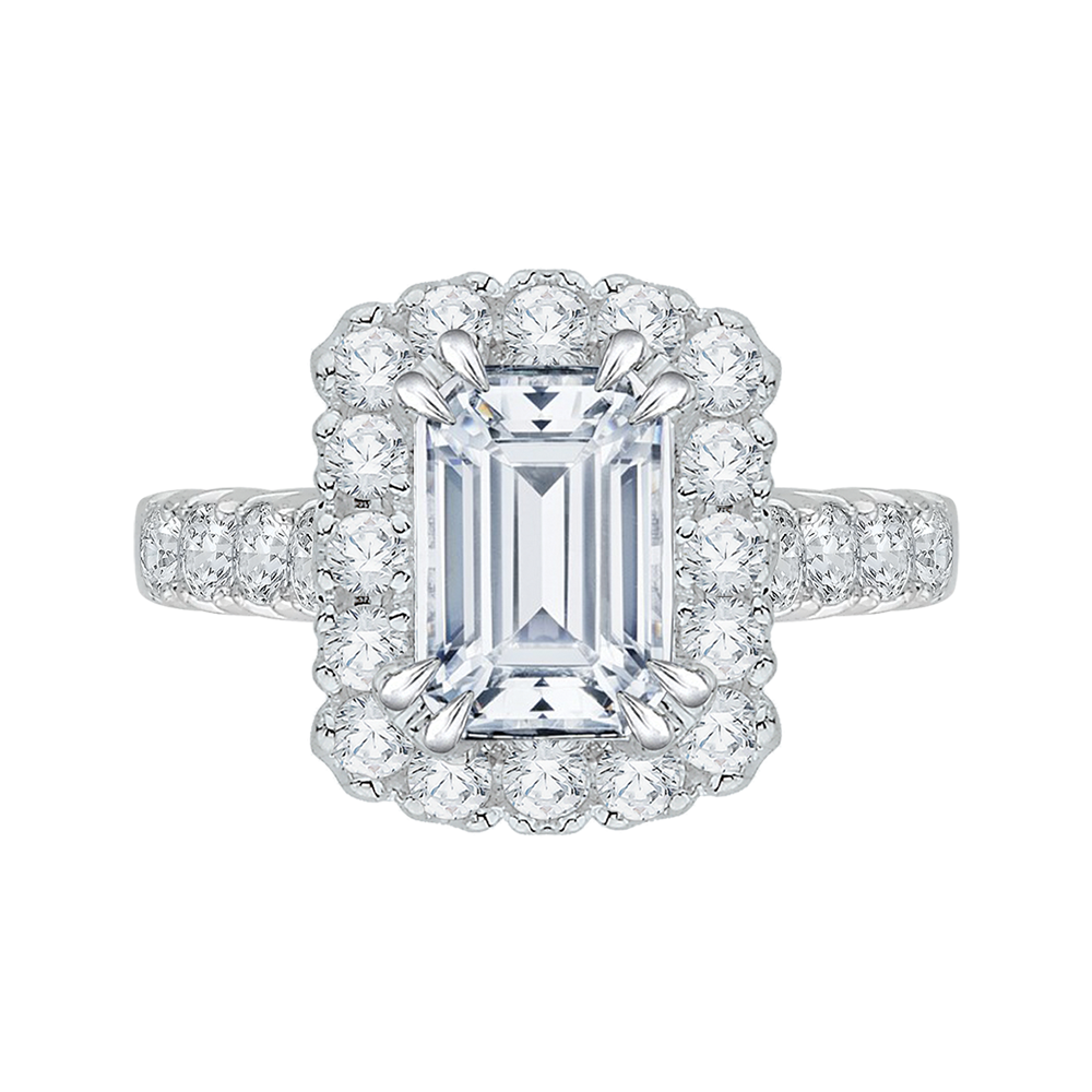 Emerald Cut Diamond Halo Engagement Ring with Band in 14K White Gold (Semi-Mount)