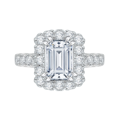 Emerald Cut Diamond Halo Engagement Ring with Band in 14K White Gold (Semi-Mount)