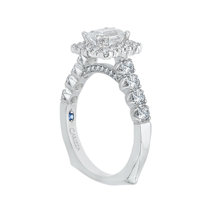 Emerald Cut Diamond Halo Engagement Ring with Band in 14K White Gold (Semi-Mount)