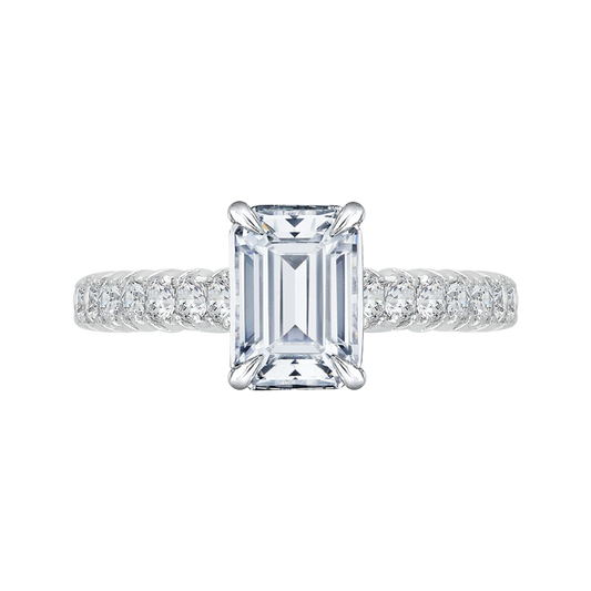 Emerald Cut Euro Shank Diamond Cathedral Style Engagement Ring in 14K White Gold (Semi-Mount)