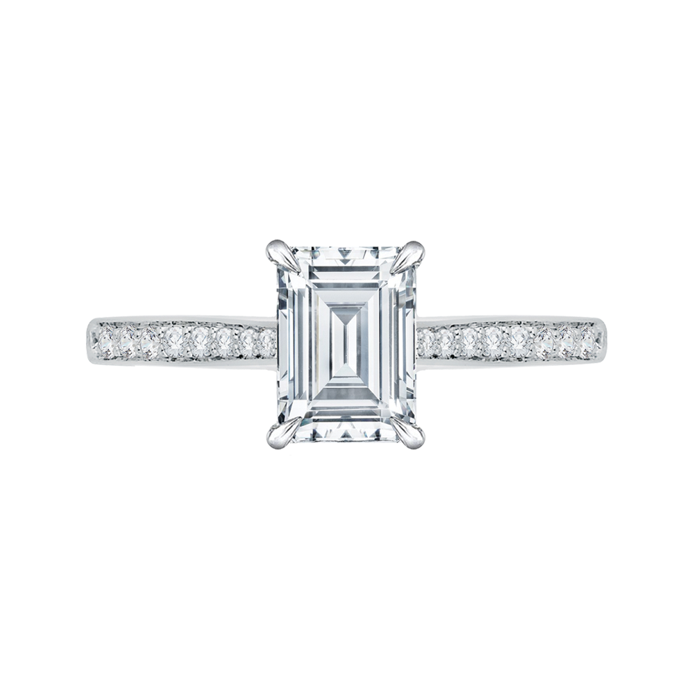 Emerald Cut Diamond Solitaire with Accents Engagement Ring In 14K White Gold (Semi-Mount)