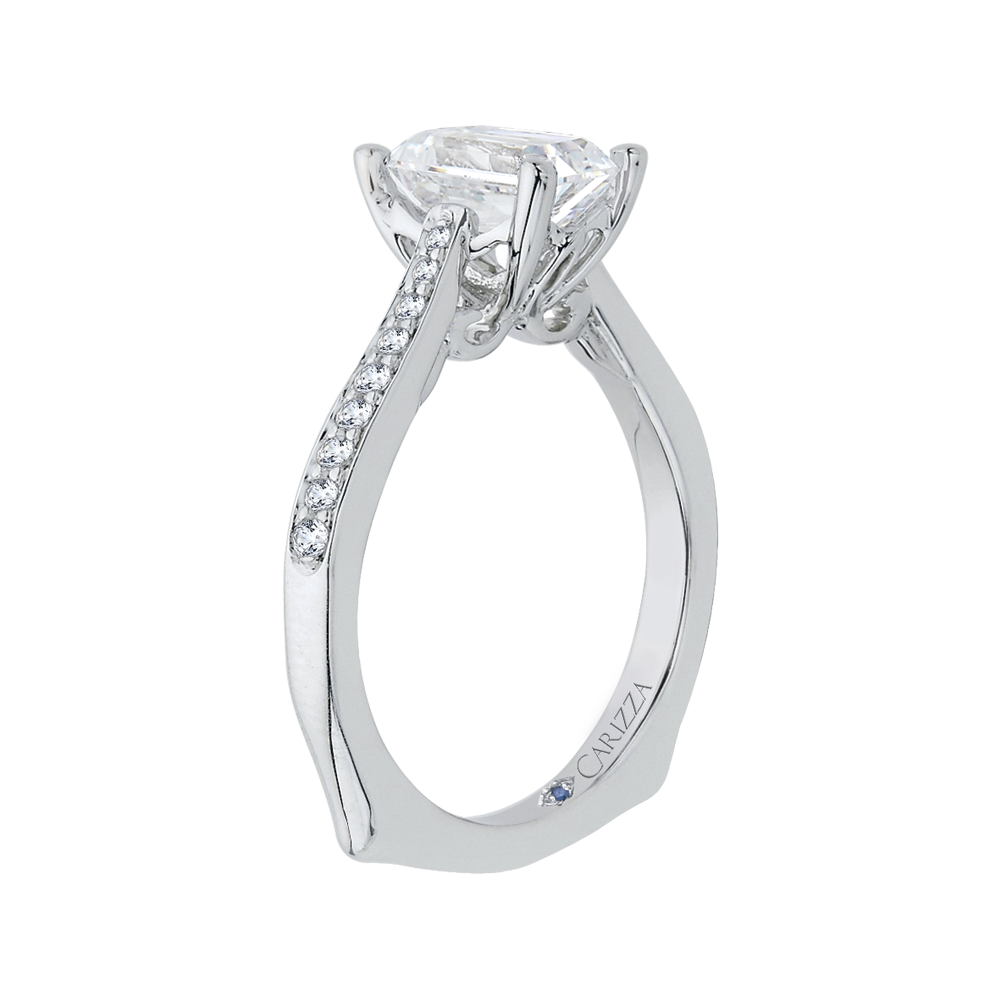 Emerald Cut Diamond Solitaire with Accents Engagement Ring In 14K White Gold (Semi-Mount)