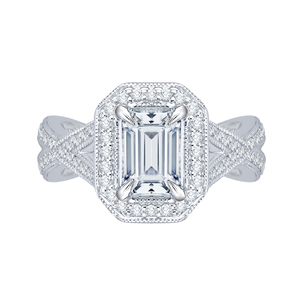 Split Shank Emerald Cut Diamond Halo Engagement Ring in 14K White Gold (Semi-Mount)