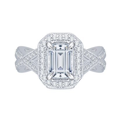 Split Shank Emerald Cut Diamond Halo Engagement Ring in 14K White Gold (Semi-Mount)