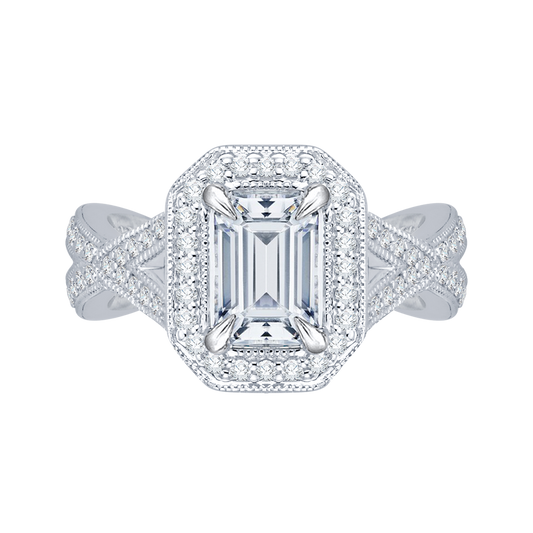 Split Shank Emerald Cut Diamond Halo Engagement Ring in 14K White Gold (Semi-Mount)