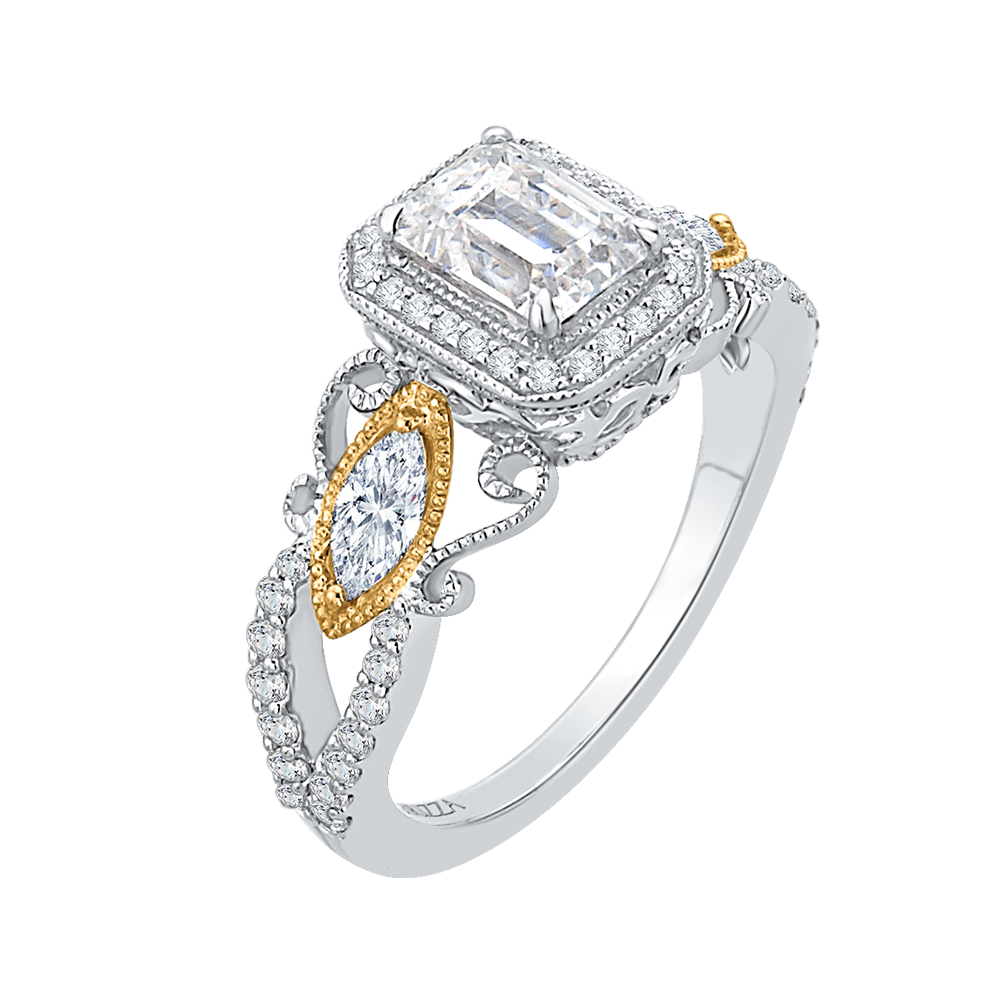 Emerald Cut Diamond Halo Engagement Ring in 14K Two Tone Gold (Semi-Mount)