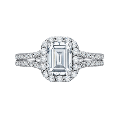 Split Shank Emerald Cut Diamond Halo Vintage Engagement Ring in 14K Two Tone Gold (Semi-Mount)