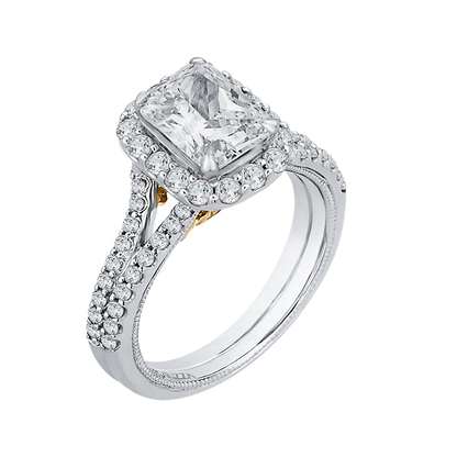 Split Shank Emerald Cut Diamond Halo Vintage Engagement Ring in 14K Two Tone Gold (Semi-Mount)