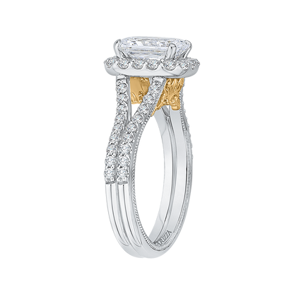 Split Shank Emerald Cut Diamond Halo Vintage Engagement Ring in 14K Two Tone Gold (Semi-Mount)