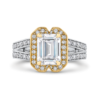 Split Shank Emerald Cut Diamond Engagement Ring in 14K Two Tone Gold (Semi-Mount)