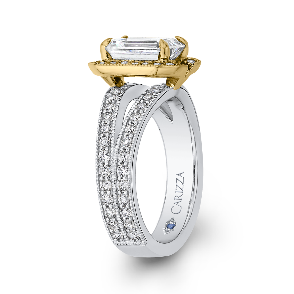 Split Shank Emerald Cut Diamond Engagement Ring in 14K Two Tone Gold (Semi-Mount)